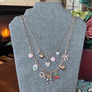 Brand New Lovisa Gold Tone Double Strand Chain Charm Necklace Cherries Bow Heart